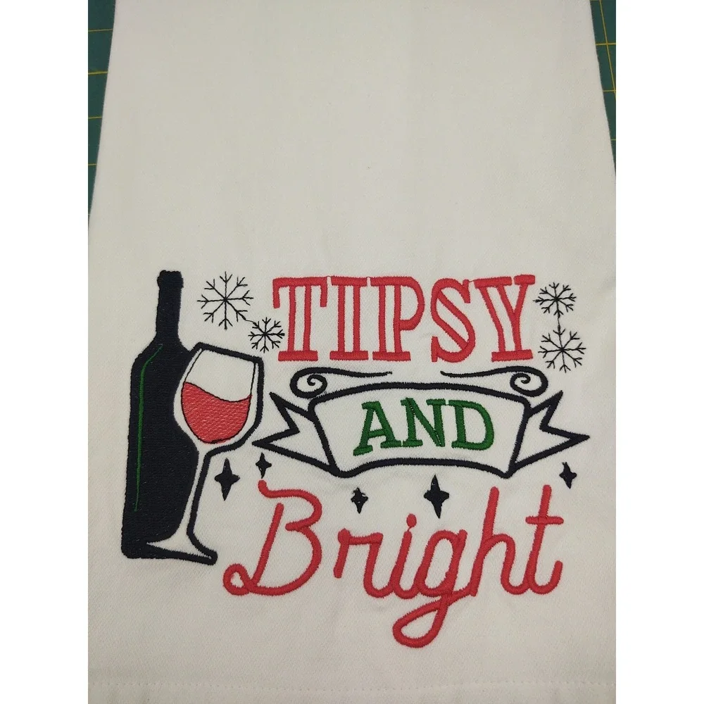 TIPSY and BRIGHT Handcrafted Machine Embroidered Kitchen Hand Tea Bath Towel